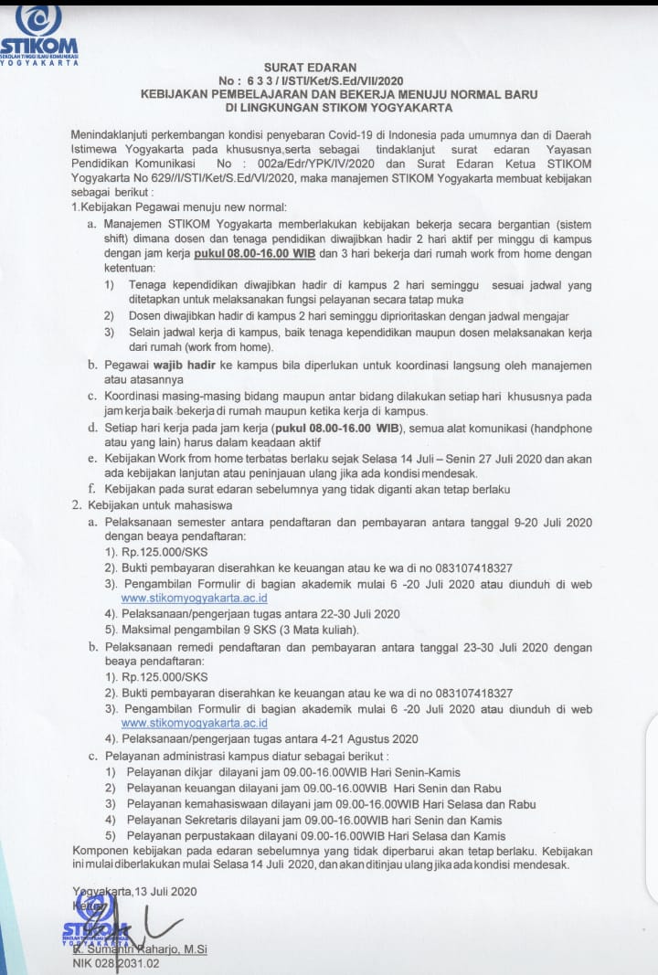 PENGUMUMAN KEBIJAKAN TERBARU UNTUK MAHASISWA STIKOM YOGYAKARTA